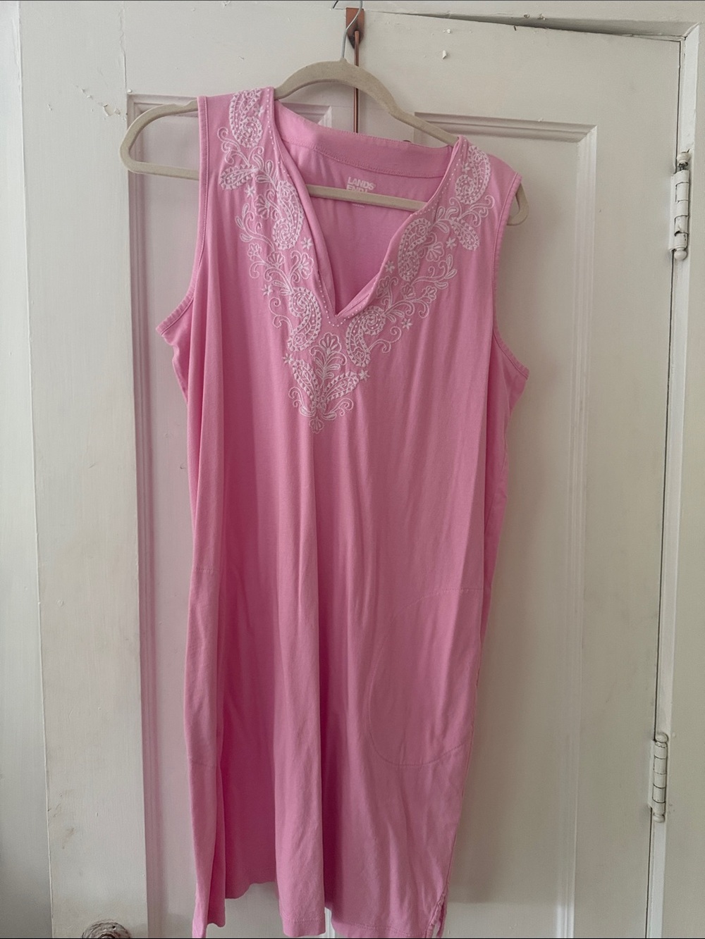 Lands' End Pink Sleeveless Embroidered V-Neck Nightgown